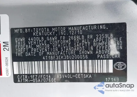 2011 Toyota Camry Se/Le/Xle из США, поврежденный, VIN 4T1BF3EK3BU200056